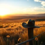 Flick International A weathered cowboy hat on a wooden fence in a vast western landscape at sunset