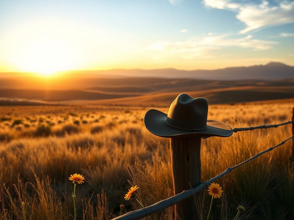 Flick International A weathered cowboy hat on a wooden fence in a vast western landscape at sunset