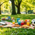 Flick International Outdoor picnic setup with colorful blanket, healthy foods, and children's toys