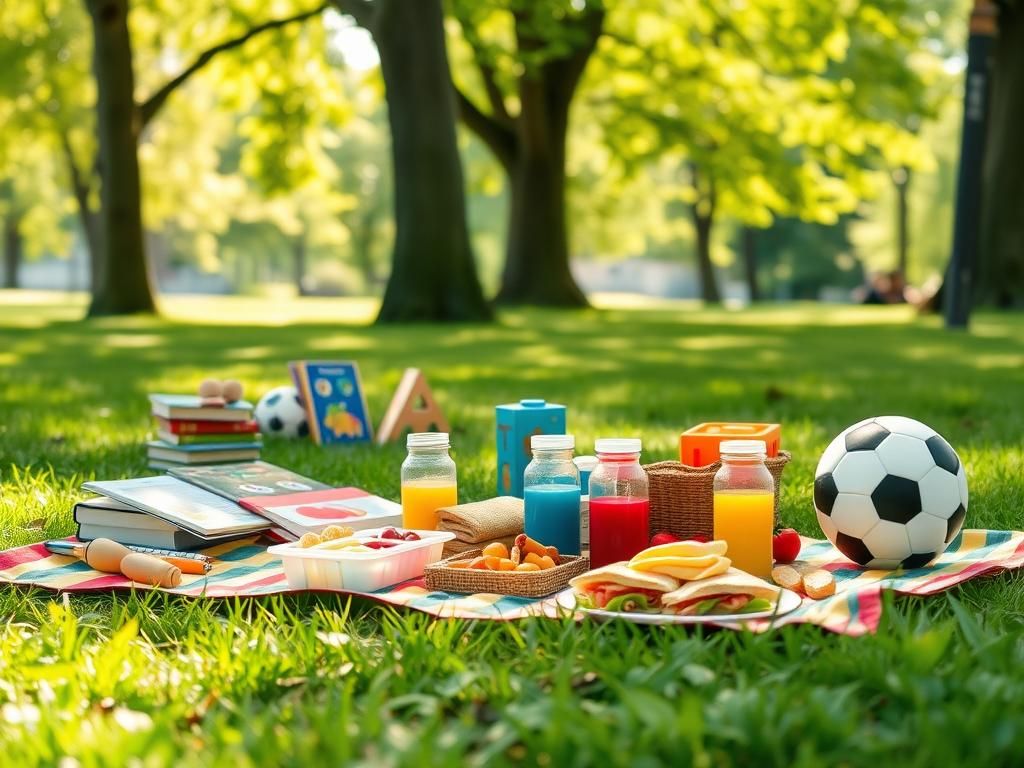 Flick International Outdoor picnic setup with colorful blanket, healthy foods, and children's toys