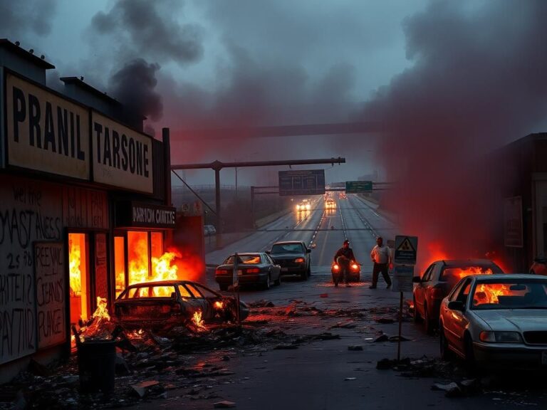 Flick International An urban street in Los Angeles after riots showing burned cars and shattered storefronts