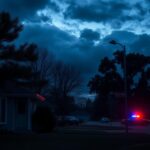 Flick International Dark suburban neighborhood in Minnesota during twilight with ominous clouds and police car lights
