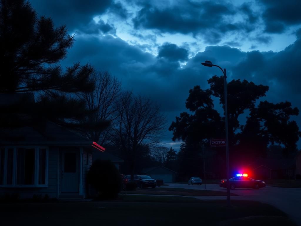 Flick International Dark suburban neighborhood in Minnesota during twilight with ominous clouds and police car lights