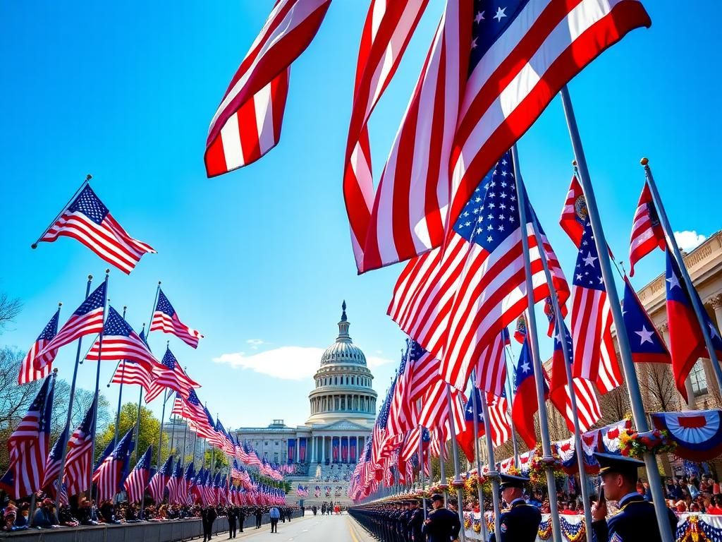 Flick International Grand military parade in Washington D.C. with American flags and iconic landmarks