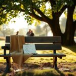 Flick International Serene outdoor scene with a rustic wooden bench under a leafy tree in a park, symbolizing family memories and resilience.