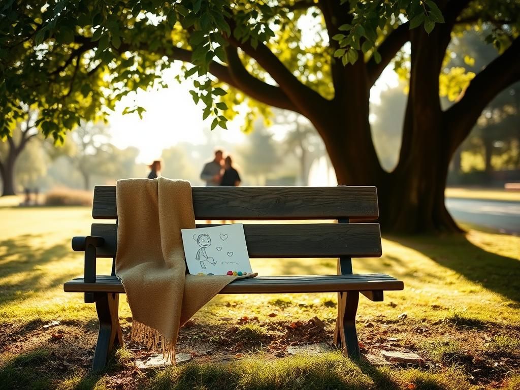 Flick International Serene outdoor scene with a rustic wooden bench under a leafy tree in a park, symbolizing family memories and resilience.