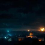 Flick International Darkened cityscape of Jerusalem with silhouettes of iconic landmarks under a stormy sky