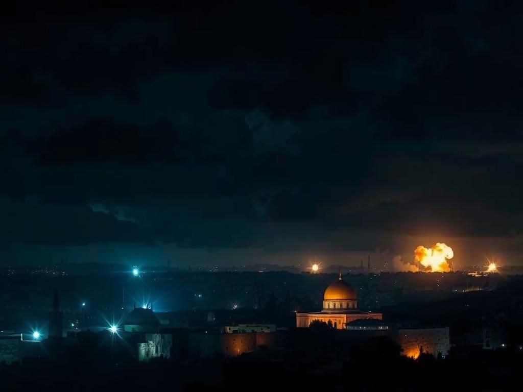 Flick International Darkened cityscape of Jerusalem with silhouettes of iconic landmarks under a stormy sky