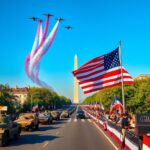 Flick International A vibrant military parade in Washington, D.C. with tanks, WWII Jeeps, and flyover aircraft