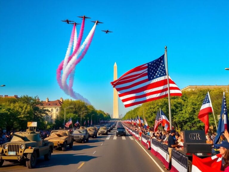 Flick International A vibrant military parade in Washington, D.C. with tanks, WWII Jeeps, and flyover aircraft