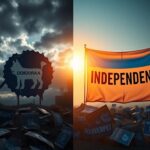 Flick International A split-screen depiction of political change with a crumbling Democratic Party emblem on the left and a bright Independent banner on the right.