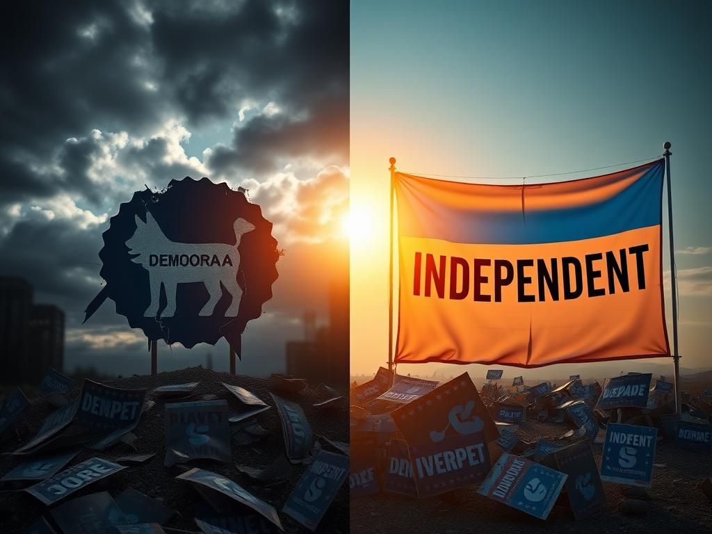 Flick International A split-screen depiction of political change with a crumbling Democratic Party emblem on the left and a bright Independent banner on the right.