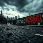 Flick International Scene from anti-ICE protests in Los Angeles showing debris and mural
