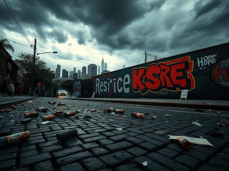 Flick International Scene from anti-ICE protests in Los Angeles showing debris and mural