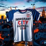 Flick International Artistic representation of a colorful soccer jersey for the Immigrant City Football Club against a vibrant Los Angeles skyline