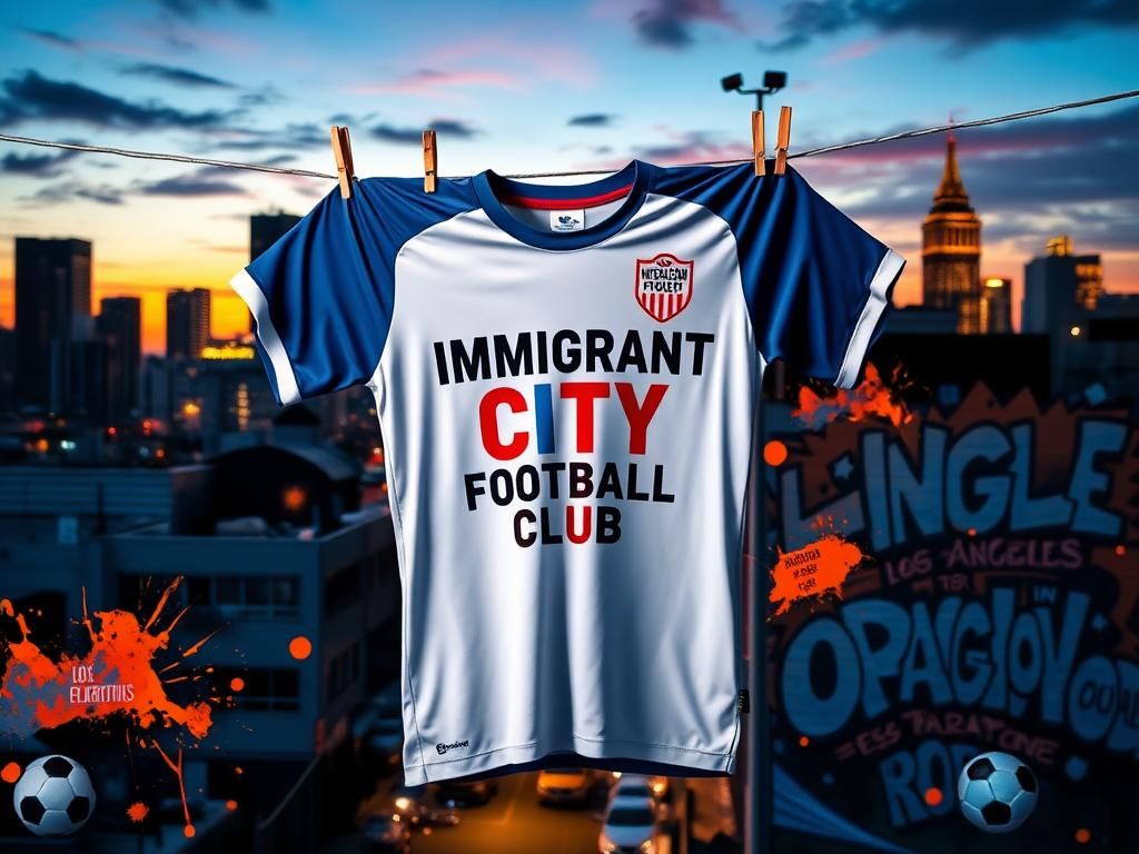 Flick International Artistic representation of a colorful soccer jersey for the Immigrant City Football Club against a vibrant Los Angeles skyline