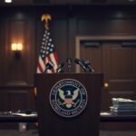 Flick International A tense press conference scene without people, featuring a podium with the Department of Homeland Security seal.
