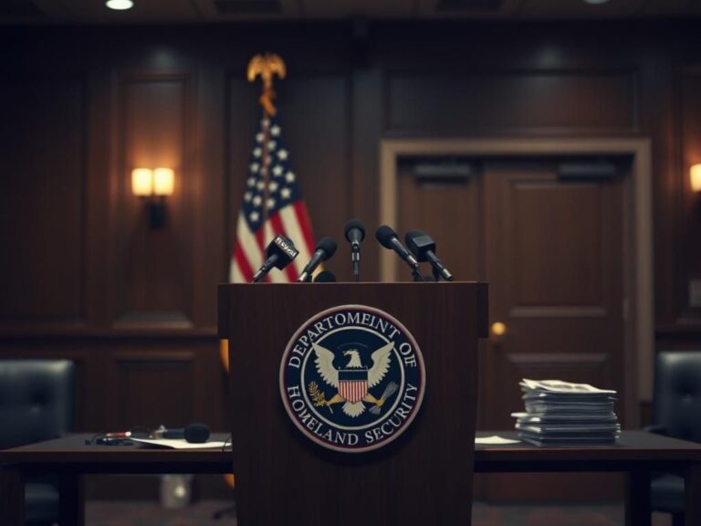 Flick International A tense press conference scene without people, featuring a podium with the Department of Homeland Security seal.