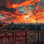 Flick International Dramatic landscape view of Tehran showcasing a blend of ancient and modern architecture under a tumultuous sky.