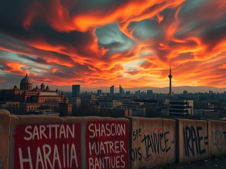 Flick International Dramatic landscape view of Tehran showcasing a blend of ancient and modern architecture under a tumultuous sky.