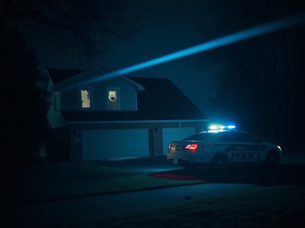 Flick International Night-time scene of a suburban home in Brooklyn Park, Minnesota, damaged by gunfire with shattered windows and police presence