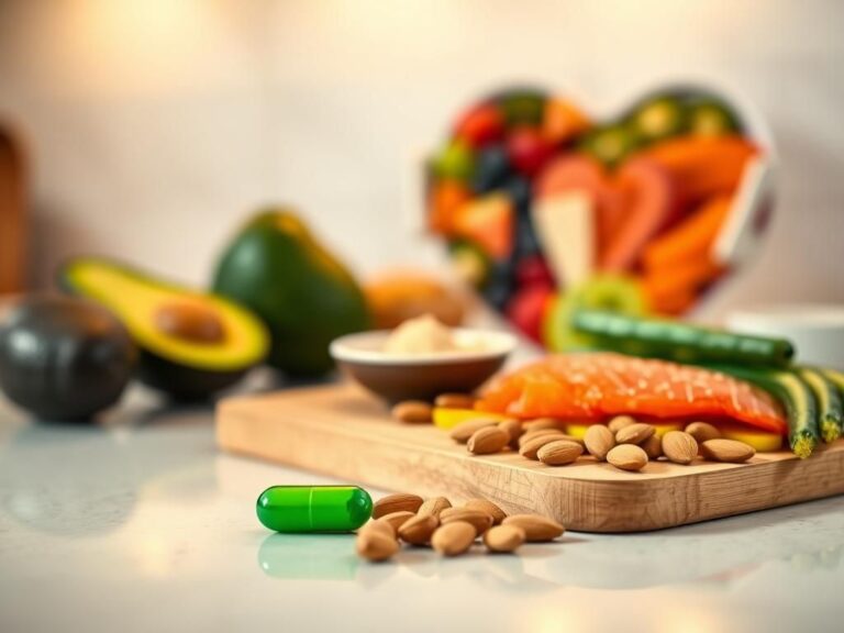 Flick International Close-up of a vibrant green cholesterol-lowering pill on a modern kitchen counter with heart-healthy foods.
