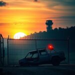 Flick International Dramatic scene of a military base entrance with a damaged vehicle against a barricade at sunset