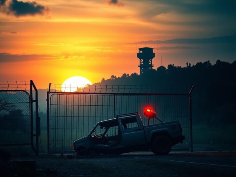 Flick International Dramatic scene of a military base entrance with a damaged vehicle against a barricade at sunset
