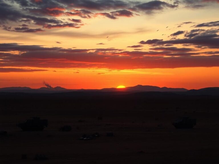 Flick International Dramatic desert landscape at sunset illustrating ongoing conflict with military equipment