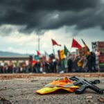 Flick International A haunting scene from the Utah protest showing abandoned neon vest symbolizing peacekeepers amidst colorful protest signs and stormy skies.
