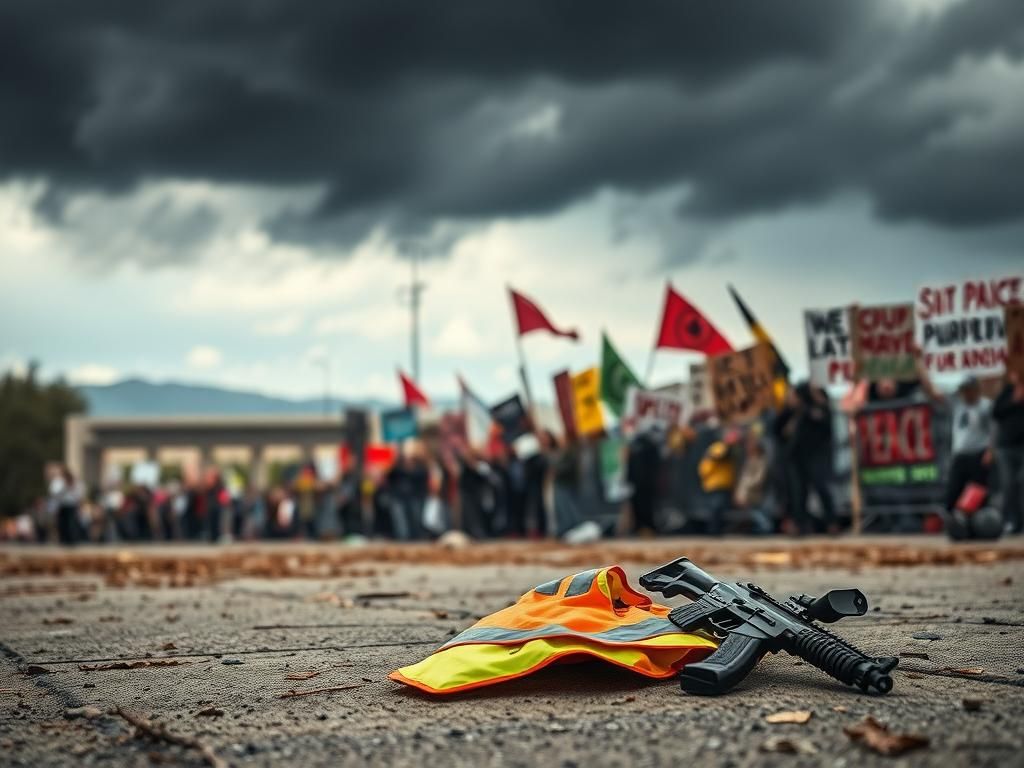 Flick International A haunting scene from the Utah protest showing abandoned neon vest symbolizing peacekeepers amidst colorful protest signs and stormy skies.