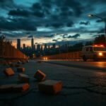 Flick International A dramatic urban landscape at dusk with broken bricks and protest signs after unrest
