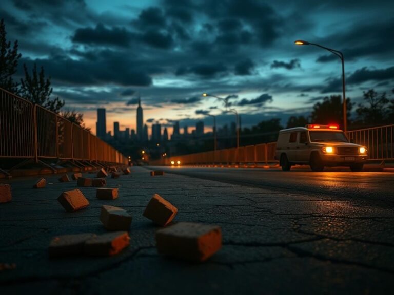 Flick International A dramatic urban landscape at dusk with broken bricks and protest signs after unrest