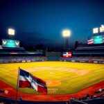 Flick International Empty baseball diamond at Dodger Stadium with immigrant rights banners and Dominican Republic flag