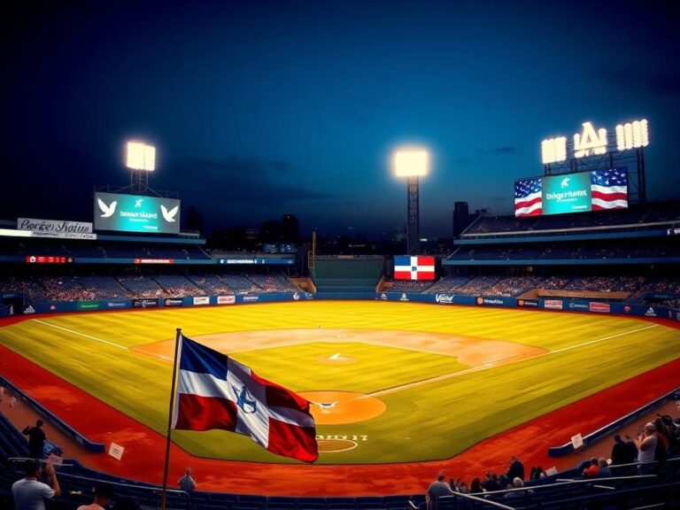 Flick International Empty baseball diamond at Dodger Stadium with immigrant rights banners and Dominican Republic flag