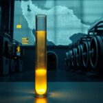Flick International A dimly lit laboratory depicting uranium enrichment procedures with glowing yellow gas
