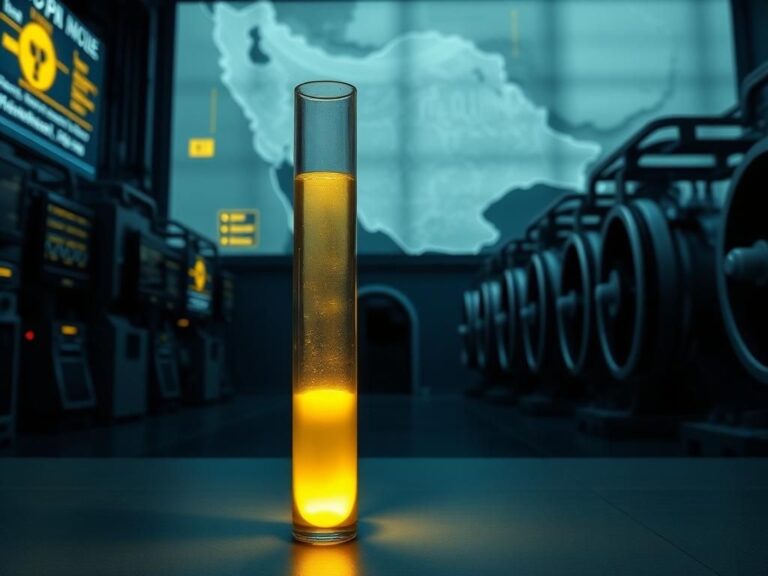 Flick International A dimly lit laboratory depicting uranium enrichment procedures with glowing yellow gas