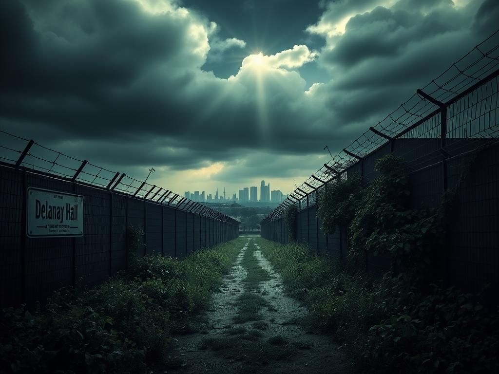 Flick International Exterior view of a secure immigration detention facility with high walls and barbed wire fences