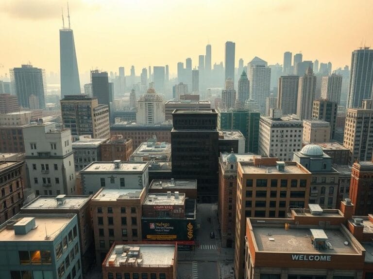 Flick International Aerial view of Chicago showcasing healthcare facilities and migrant support areas