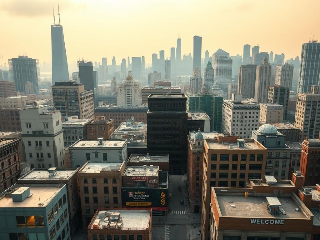 Flick International Aerial view of Chicago showcasing healthcare facilities and migrant support areas