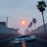 Flick International A deserted Los Angeles street with barricades and graffiti reflecting protest themes
