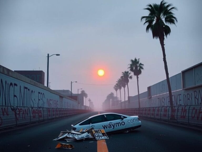 Flick International A deserted Los Angeles street with barricades and graffiti reflecting protest themes