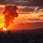 Flick International A war-torn landscape showcasing explosions and military aircraft symbolizing the Israel-Iran conflict