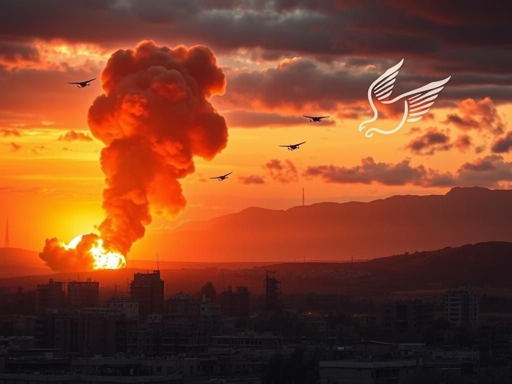 Flick International A war-torn landscape showcasing explosions and military aircraft symbolizing the Israel-Iran conflict