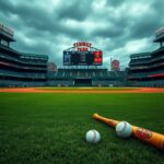 Flick International Dramatic scene at Fenway Park showcasing the iconic green monster and empty bleachers under an overcast sky