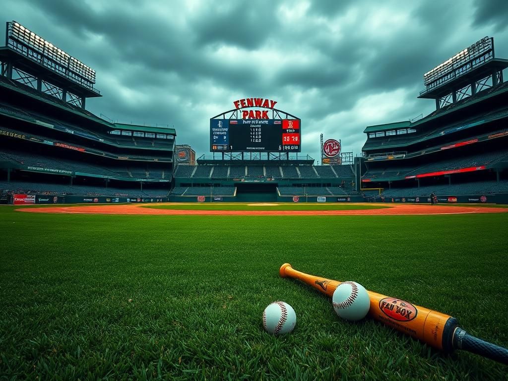 Flick International Dramatic scene at Fenway Park showcasing the iconic green monster and empty bleachers under an overcast sky