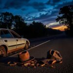 Flick International Abandoned car and hat on highway in Sibley County, Minnesota