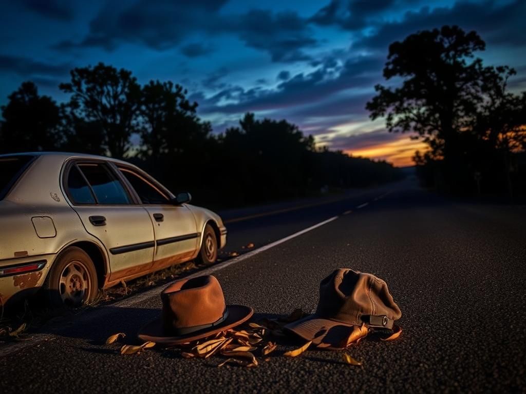 Flick International Abandoned car and hat on highway in Sibley County, Minnesota