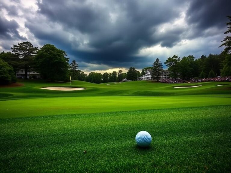 Flick International A dramatic view of the 18th green at Oakmont Country Club during the 2025 US Open with a golf ball poised for a long putt