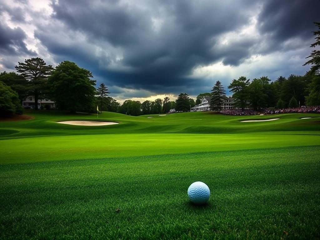 Flick International A dramatic view of the 18th green at Oakmont Country Club during the 2025 US Open with a golf ball poised for a long putt